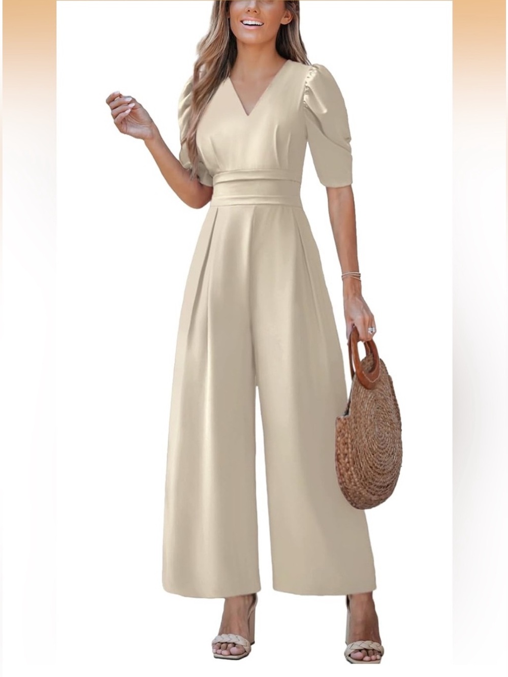 Cupshe Cream V-Neck Wide-Leg Jumpsuit with Puff Sleeves